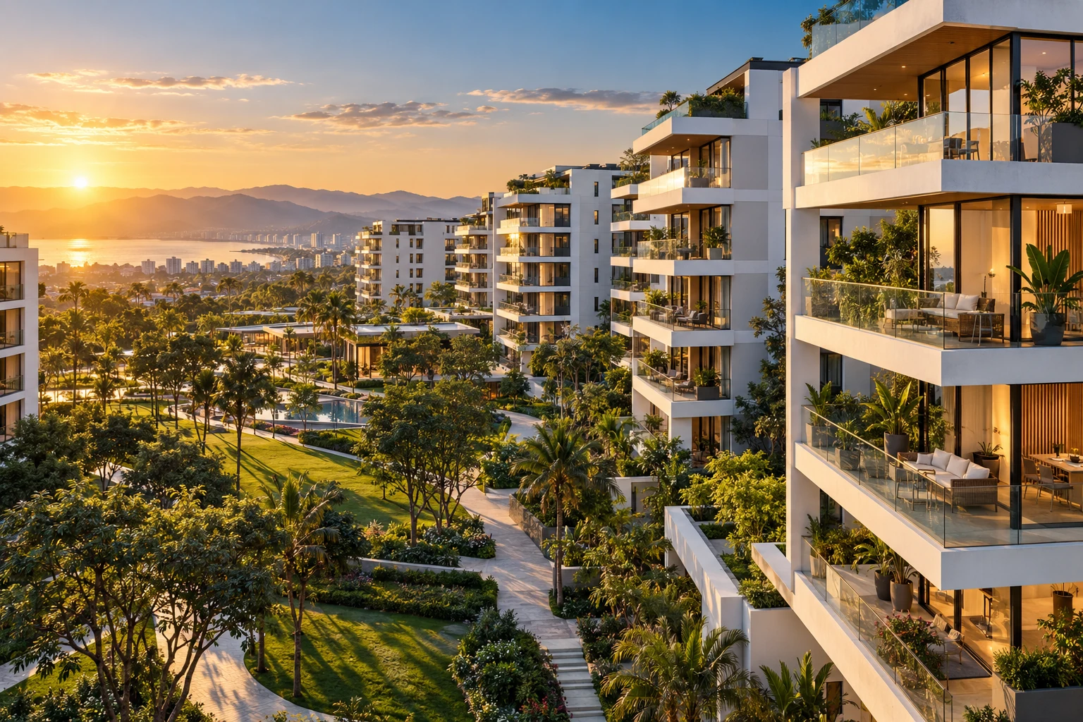 Vista conceptual de edificios residenciales contemporáneos junto a un parque al atardecer